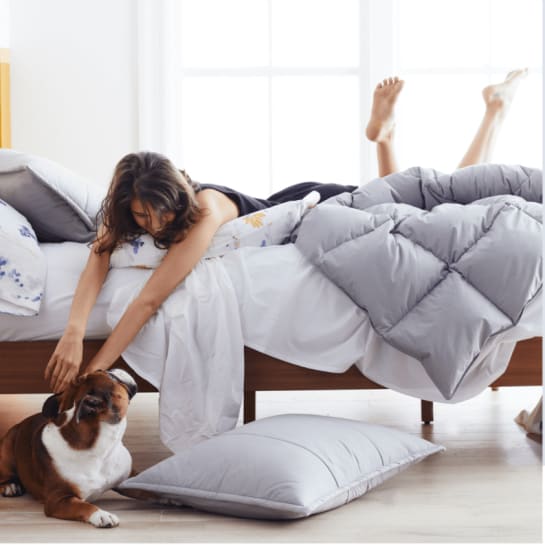 Woman petting cute dog in LaCrosse™ Down Comforter