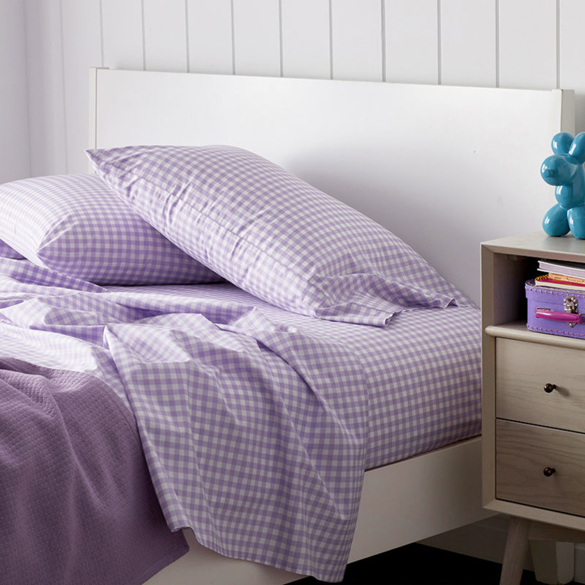 Gingham Classic Cool Organic Cotton Percale Bed Sheet Set - Lilac, Twin XL,Lilac