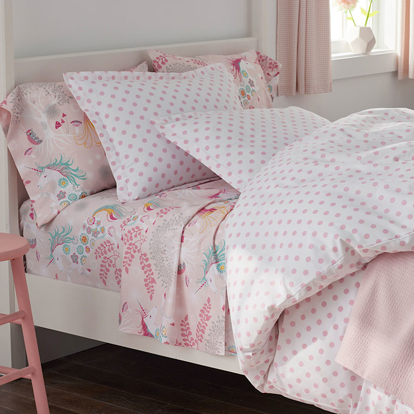 Fancy Unicorns Classic Cool Organic Cotton Percale Bed Sheet Set - Pink Multi, Twin,Pink Multi