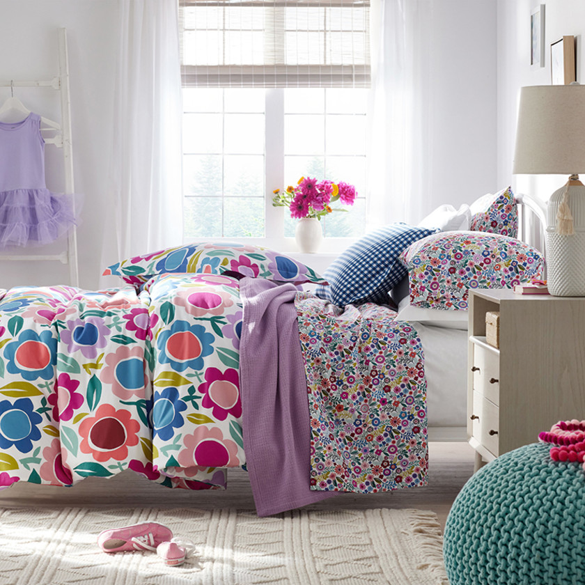 Joyful Mini Flower Classic Cool Organic Cotton Percale Bed Sheet Set - White Multi, Twin,White Multi