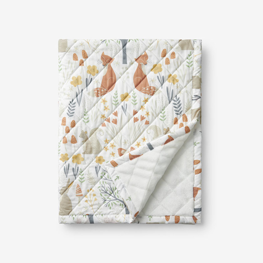 Forest Animals Classic Cool Organic Cotton Percale Quilted Reversible Sherpa Stroller Blanket - Ivory,Ivory Multi