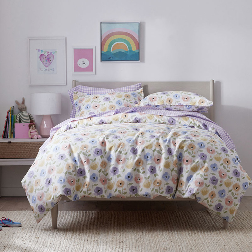 Pastel Poppies Classic Cool Organic Cotton Percale Bed Sheet Set - White Multi, Twin,White Multi