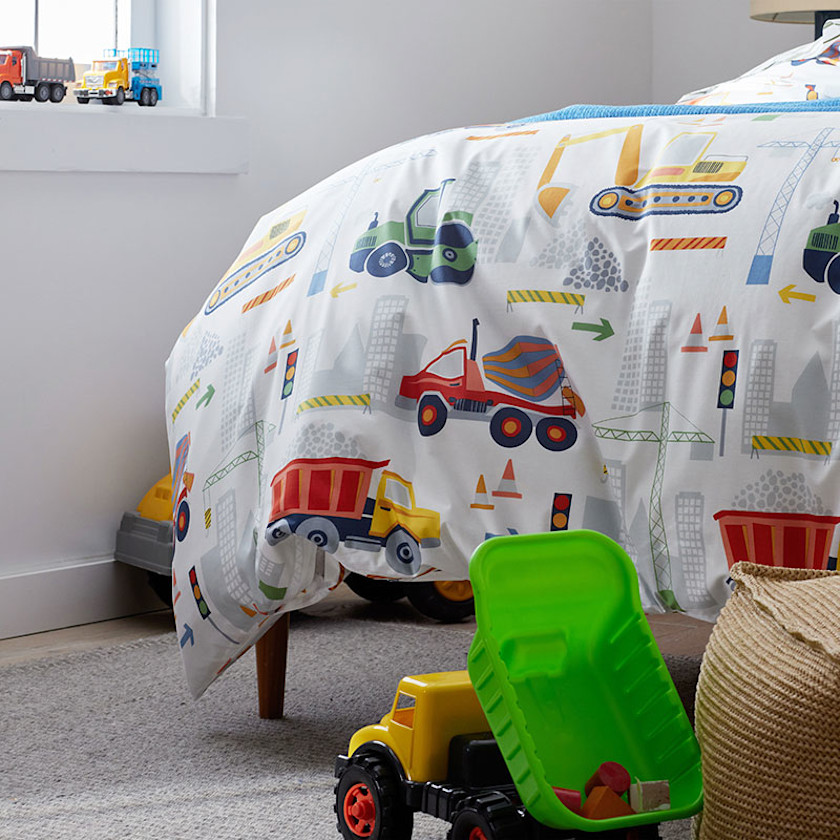 Construction Trucks Classic Cool Organic Cotton Percale Duvet Cover Set - White , Twin/Twin XL,White Multi