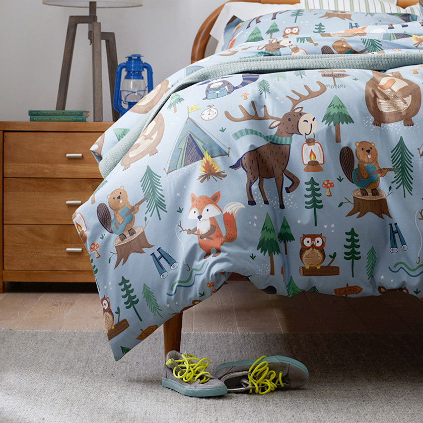 Animal Campers Classic Cool Organic Cotton Percale Duvet Cover Set - Blue Multi, Twin/Twin XL,Blue Multi