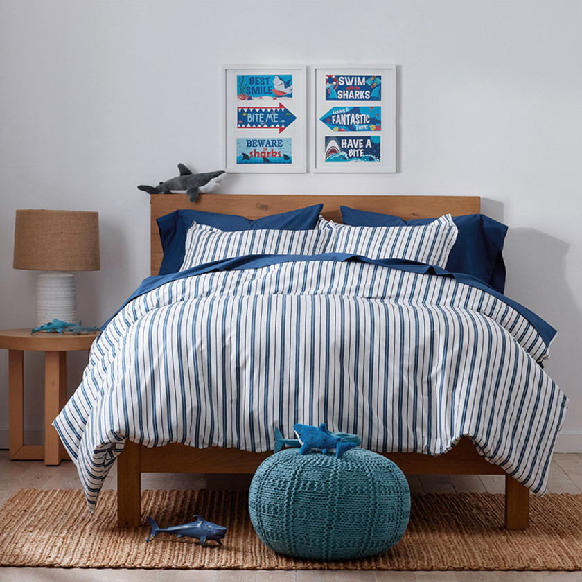Vertical Stripes Classic Cool Organic Cotton Percale Bed Sheet Set - Blue, Twin XL,Blue