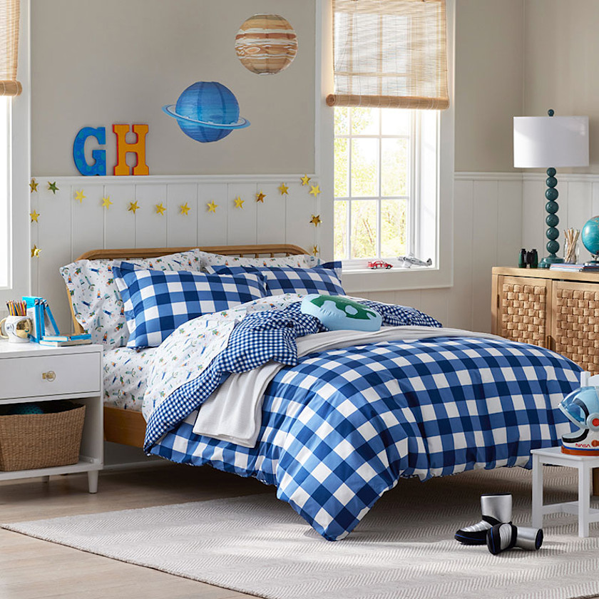 Big Check Classic Cool Organic Cotton Percale Reversible Duvet Cover Set,Dark Blue