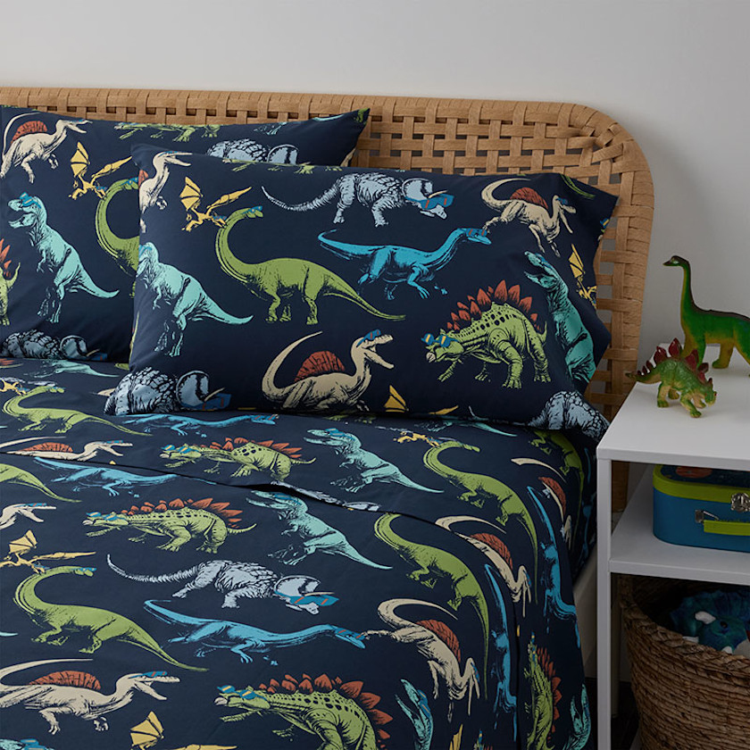 Dino Stomp Classic Cool Organic Cotton Percale Bed Sheet Set,Navy