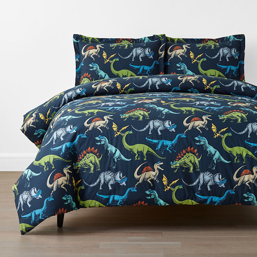 Dino Stomp Classic Cool Organic Cotton Percale Duvet Cover Set