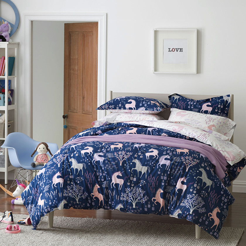 Unicorn Forest Classic Cool Organic Cotton Percale Sham - White/Navy, Standard,White/Navy