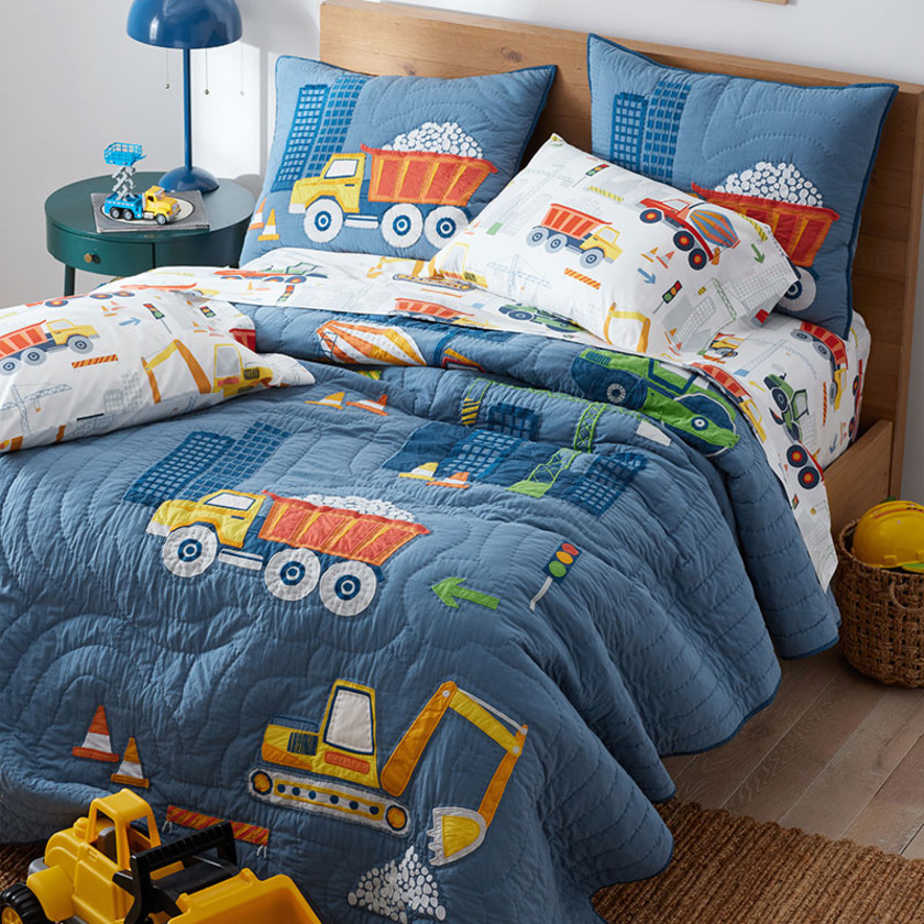 Construction Trucks Quilt - Blue, Twin,Blue Multi