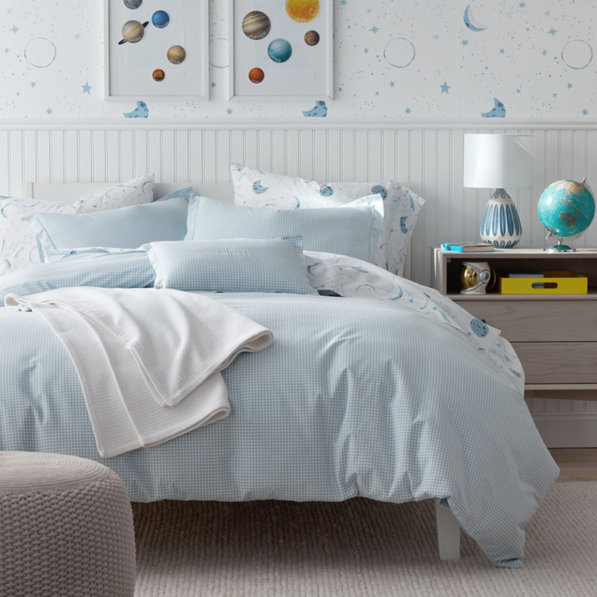 Ditsy Gingham Classic Cool Organic Cotton Percale Bed Sheet Set - Blue, Twin,Ditsy Gingham Blue