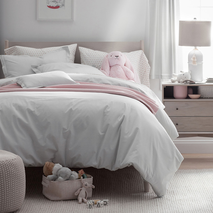 Ditsy Gingham Classic Cool Organic Cotton Percale Bed Sheet Set - Gray, Twin,Ditsy Gingham Gray