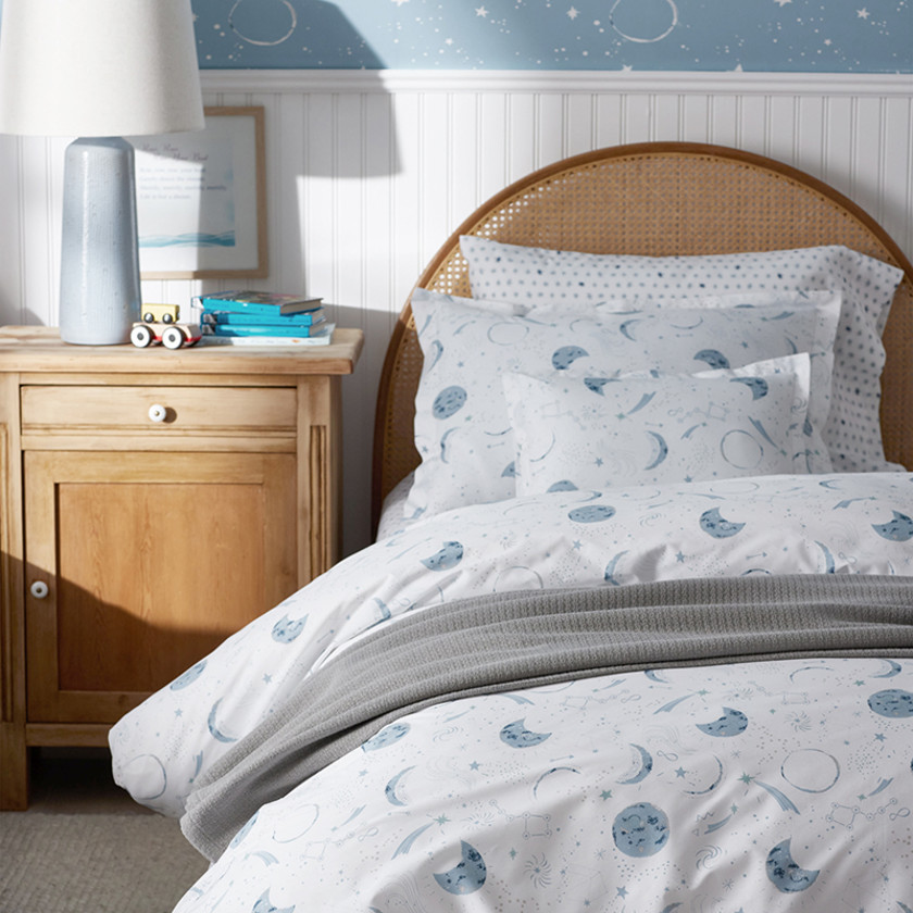Night Sky Classic Cool Organic Cotton Percale Toddler Comforter Set - Blue,Night Sky White