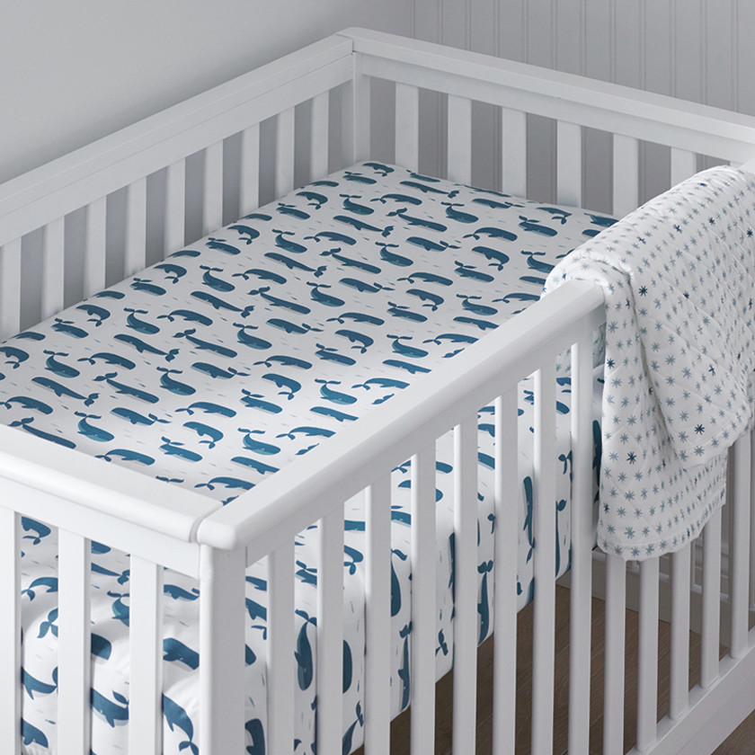 Whale School Classic Cool Organic Cotton Percale Fitted Crib Sheet - Blue,Whale School White