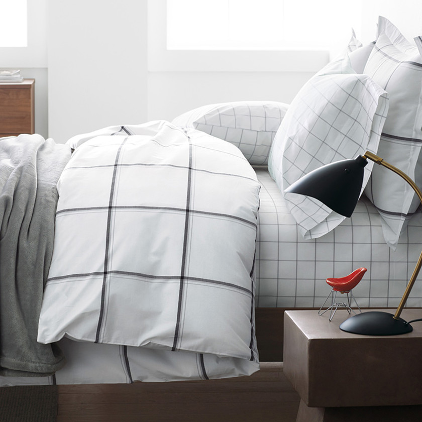 Window Pane Plaid Classic Cool Cotton Percale Bed Duvet Cover - Black, Twin/Twin XL,Graphite Black