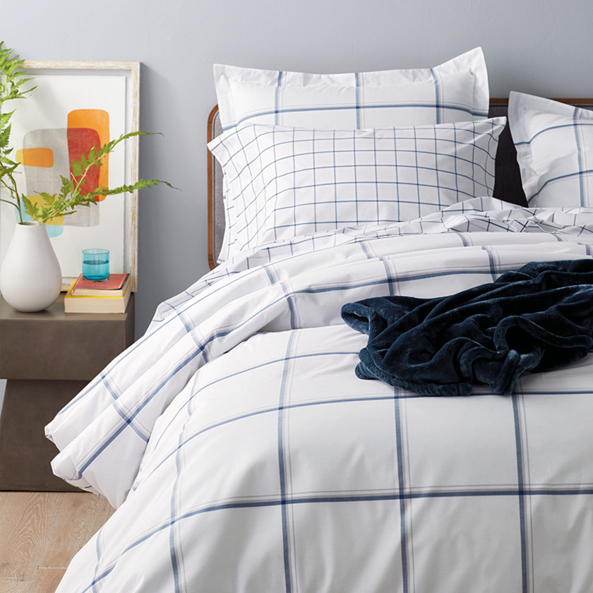 Window Pane Plaid Classic Cool Cotton Percale Bed Duvet Cover - Navy, Twin/Twin XL,Navy