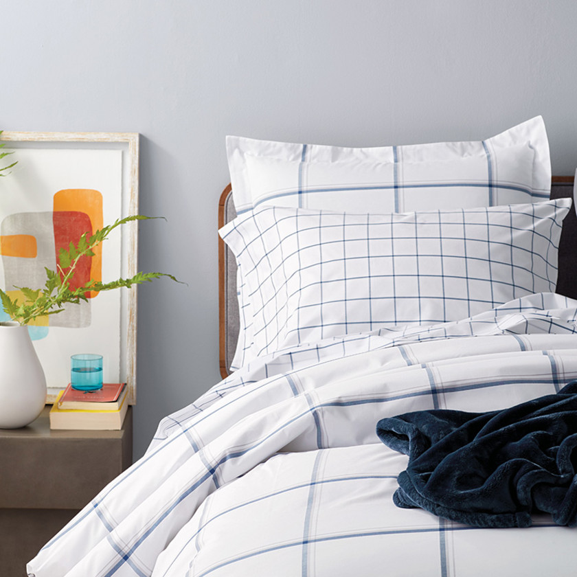 Block Plaid Classic Cool Cotton Percale Fitted Bed Sheet - Navy, Twin XL,Navy