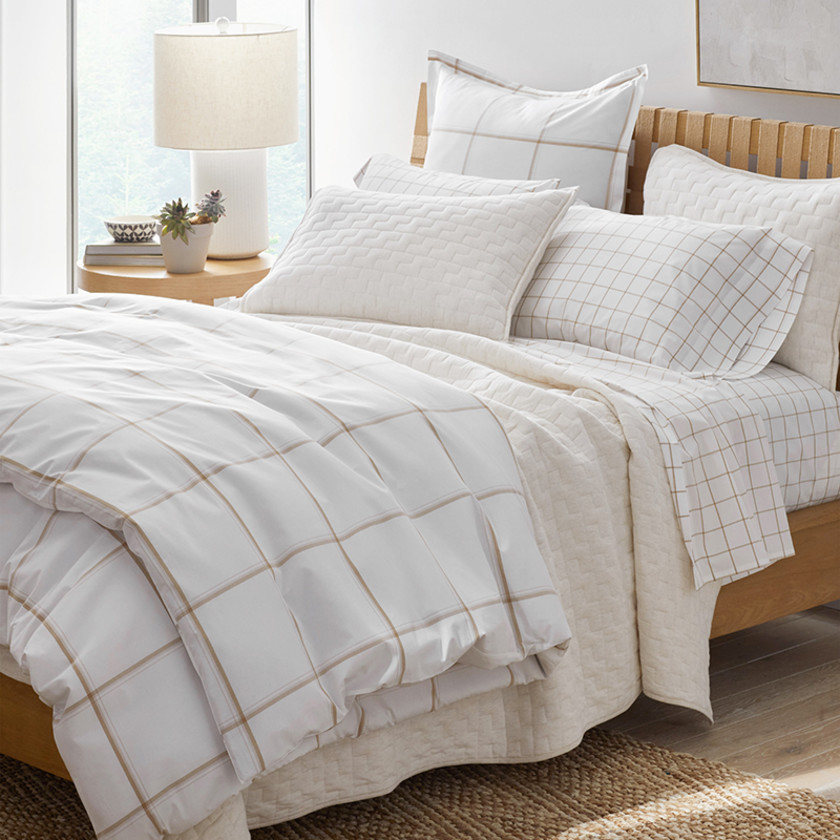 Block Plaid Classic Cool Cotton Percale Fitted Bed Sheet - Wheat, Queen