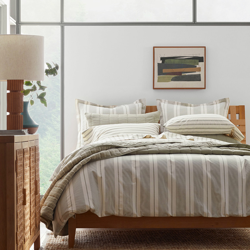 Wide Stripe Classic Cool Cotton Percale Bed Duvet Cover - Moss Green, Twin,Moss Green