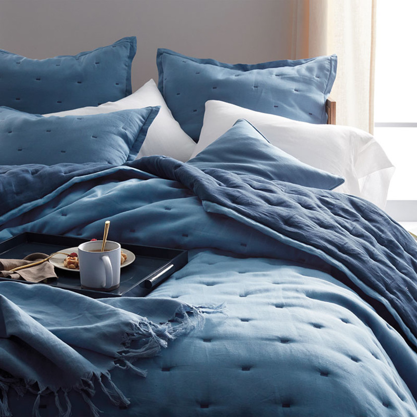 Reversible Premium Breathable Relaxed Linen Quilted Sham - Denim Blue/Blue, Standard,Denim Blue/Blue
