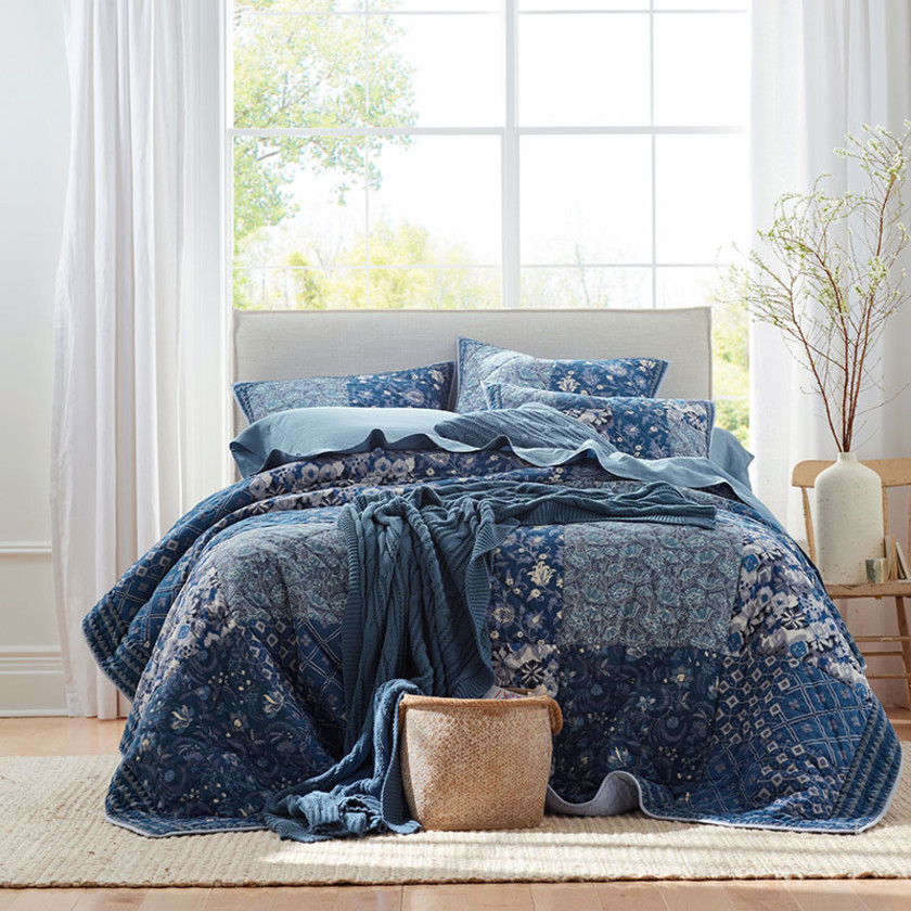 Shobha Indigo Patchwork Quilted Sham - Blue Multi, Euro,Blue Multi