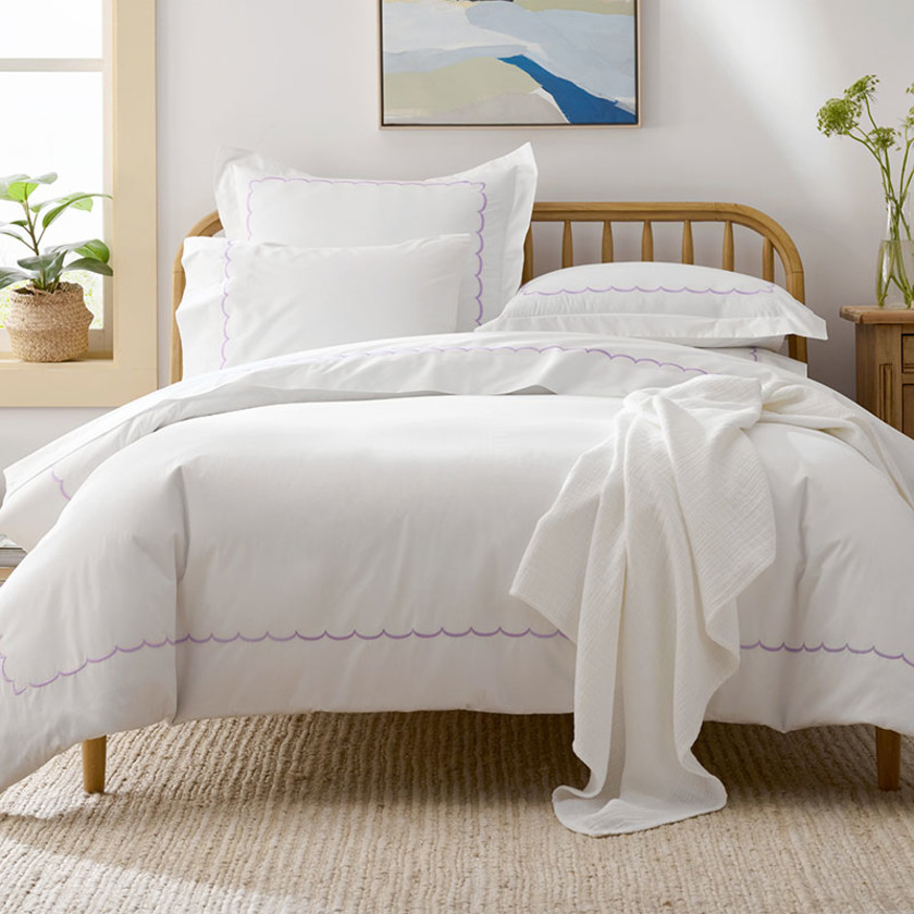 Scallop Embroidered Premium Cool Egyptian Percale Bed Sheet Set - Lavender, Twin,Lavender