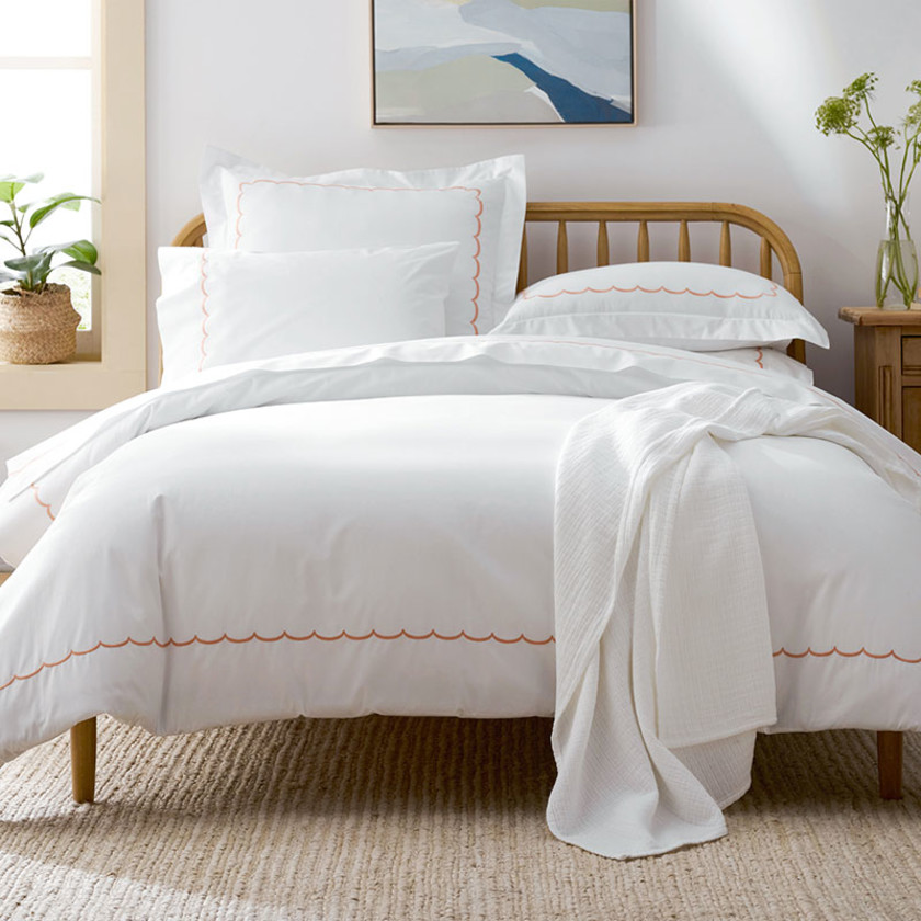 Scallop Embroidered Premium Cool Egyptian Percale Bed Sheet Set - Melon, Twin,Melon