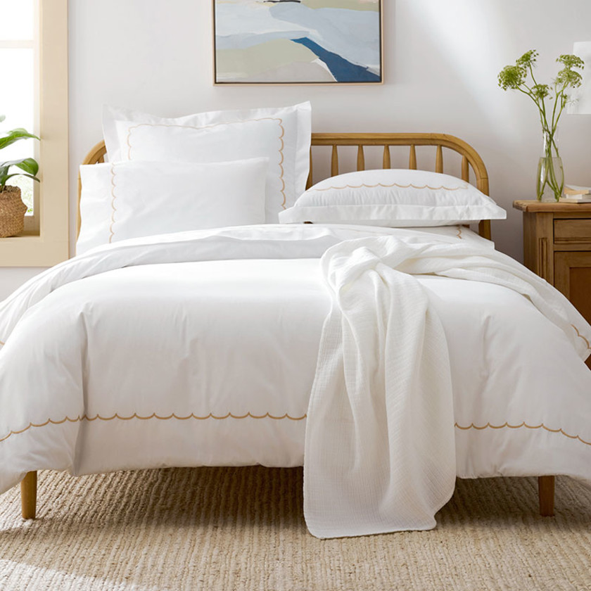 Scallop Embroidered Premium Cool Egyptian Percale Bed Sheet Set - Tan, Twin,Tan