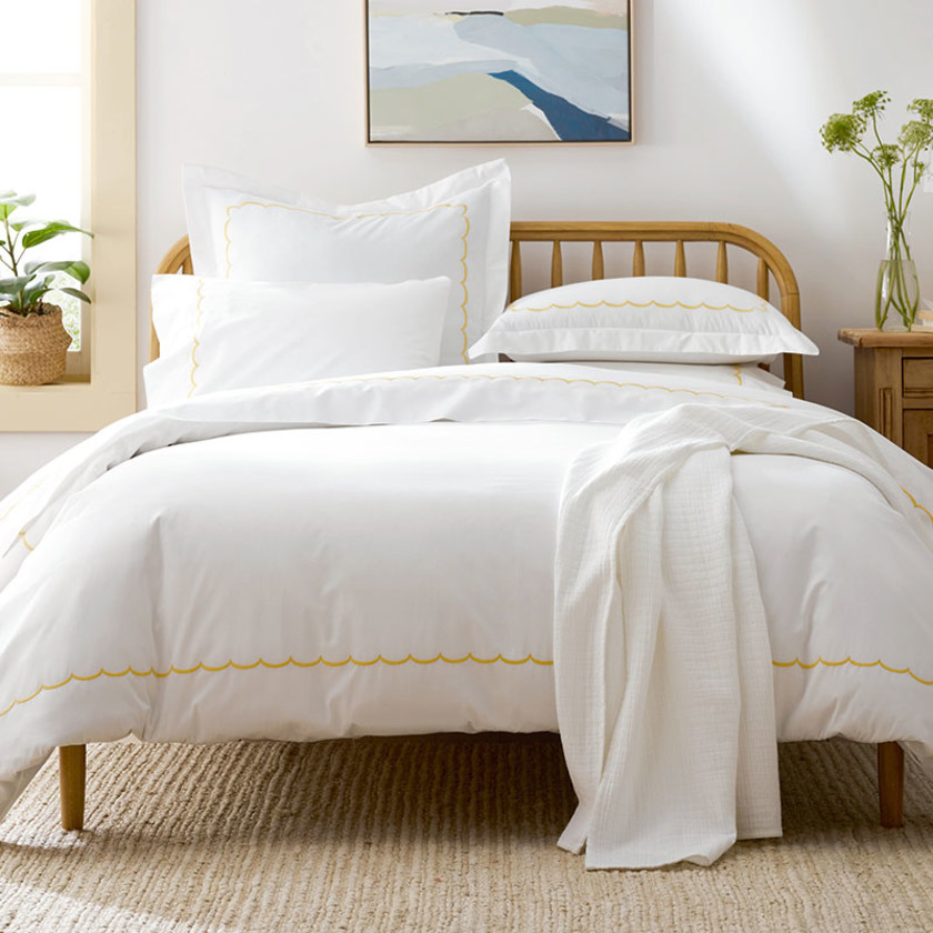Scallop Embroidered Premium Cool Egyptian Percale Bed Sheet Set - Yellow, Twin,Yellow