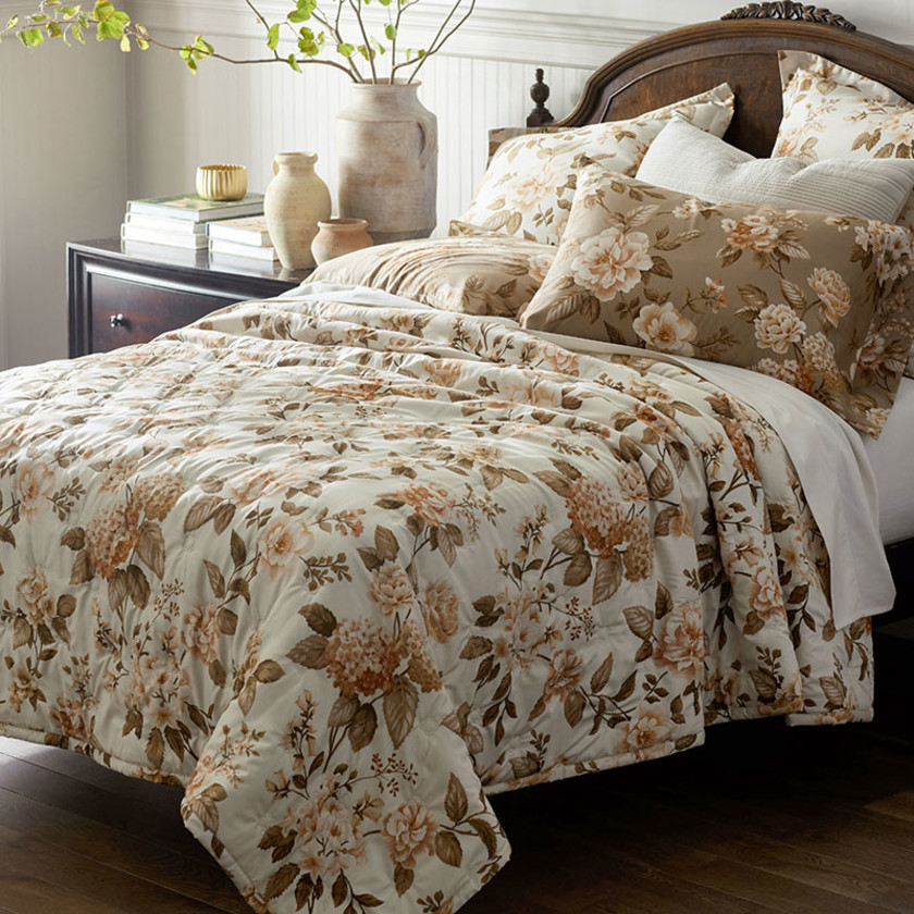 Blooming Flowers Premium Smooth Wrinkle Free Sateen Quilted Coverlet - Cocoa, Twin/Twin XL