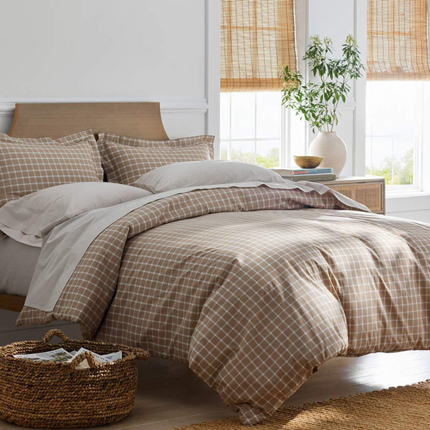 Classic Stripes and Plaids Cool Yarn-Dyed Cotton Percale Fitted Bed Sheet - Windowpane Taupe, Twin