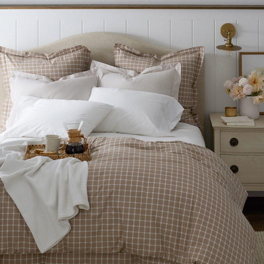 Classic Stripes and Plaids Cool Yarn-Dyed Cotton Percale Pillowcase Set - Windowpane Taupe, Standard,Windowpane Taupe