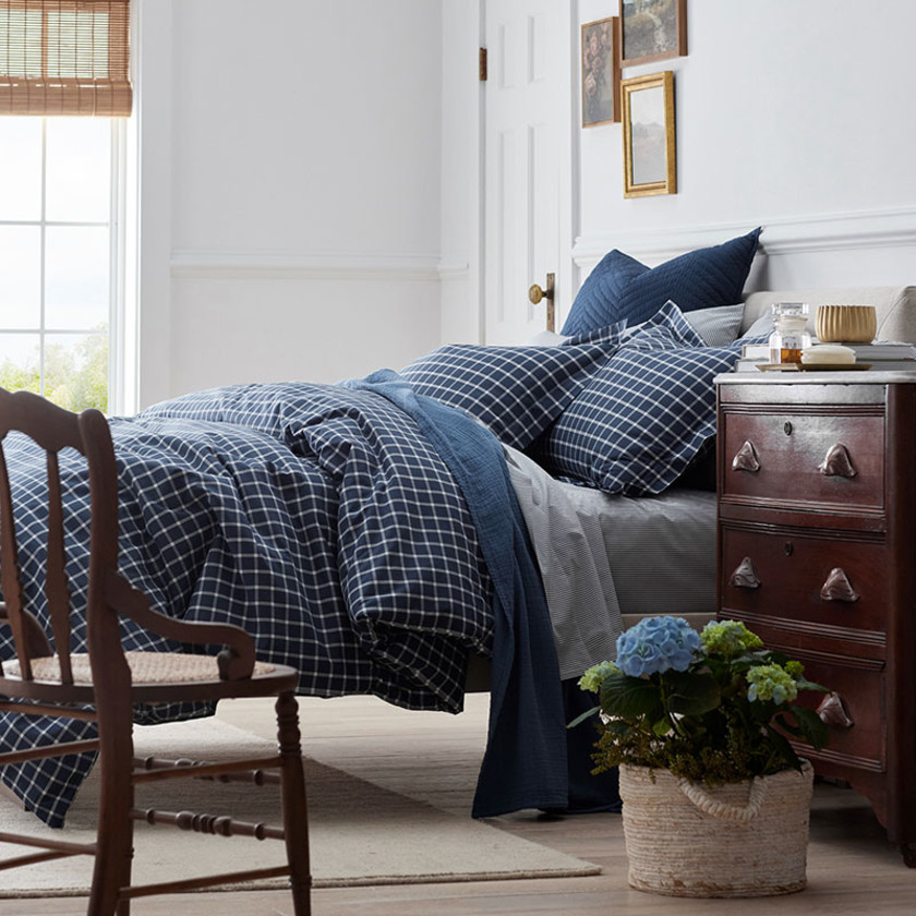 Classic Stripes and Plaids Cool Yarn-Dyed Cotton Percale Bed Sheet Set - Windowpane White/Navy, Twin,Windowpane White/Navy