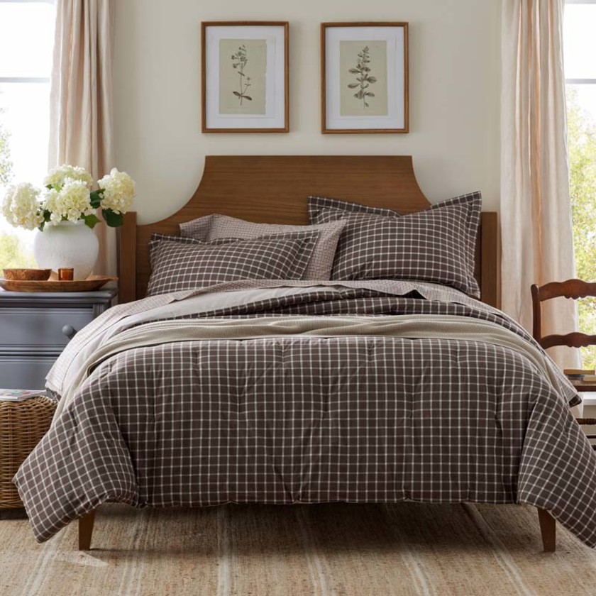 Classic Stripes and Plaids Cool Yarn-Dyed Cotton Percale Reversible Comforter - Windowpane Brown, Twin/Twin XL,Windowpane Brown