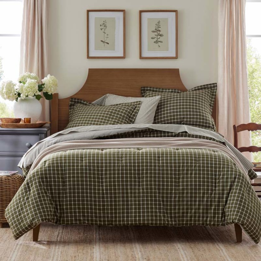 Classic Stripes and Plaids Cool Yarn-Dyed Cotton Percale Reversible Comforter - Windowpane Green, Twin/Twin XL,Windowpane Green