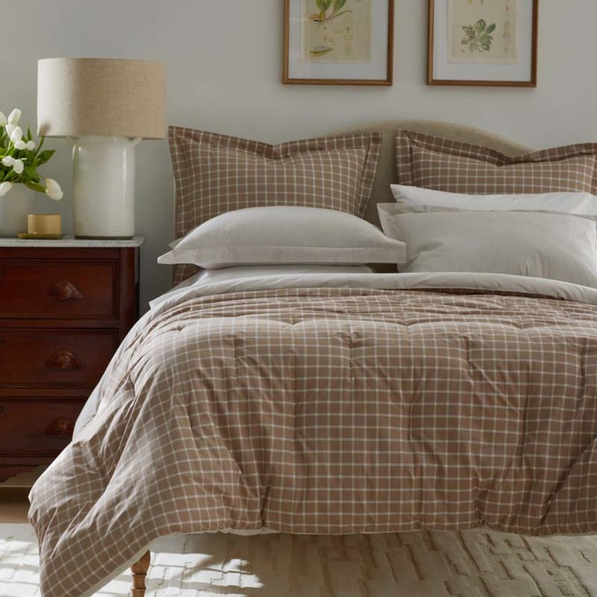 Classic Stripes and Plaids Cool Yarn-Dyed Cotton Percale Reversible Comforter - Windowpane Taupe, Twin/Twin XL,Windowpane Taupe