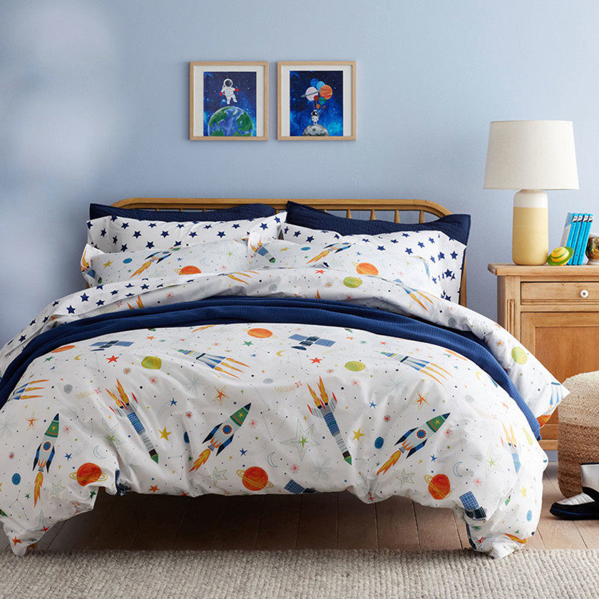 Outerspace Classic Cool Organic Cotton Percale Bed Sheet Set - White Multi, Twin,White Multi