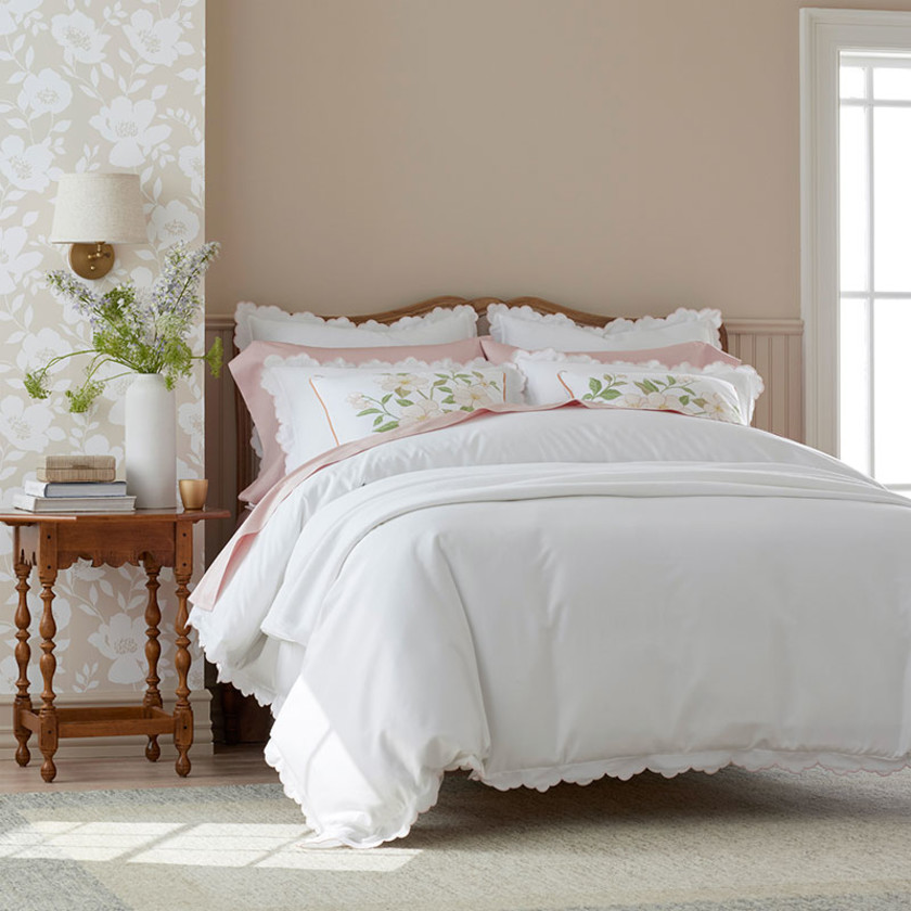 Embroidered Scallop Classic Smooth Sateen Solid Pillowcase Set - Blush, Standard,Blush