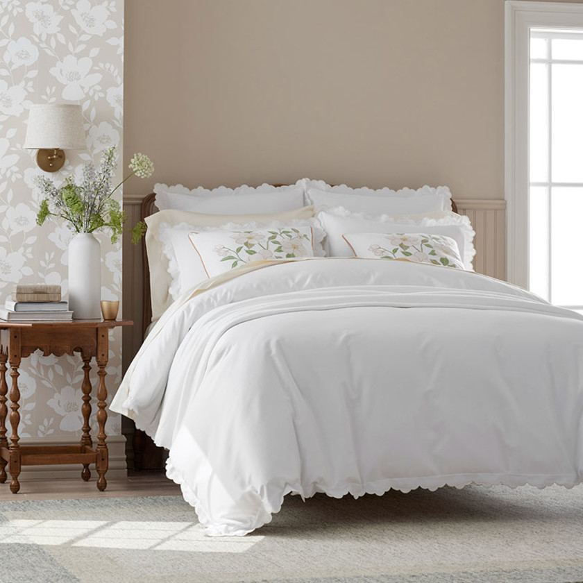 Embroidered Scallop Classic Smooth Sateen Solid Pillowcase Set - Ivory, Standard,Ivory