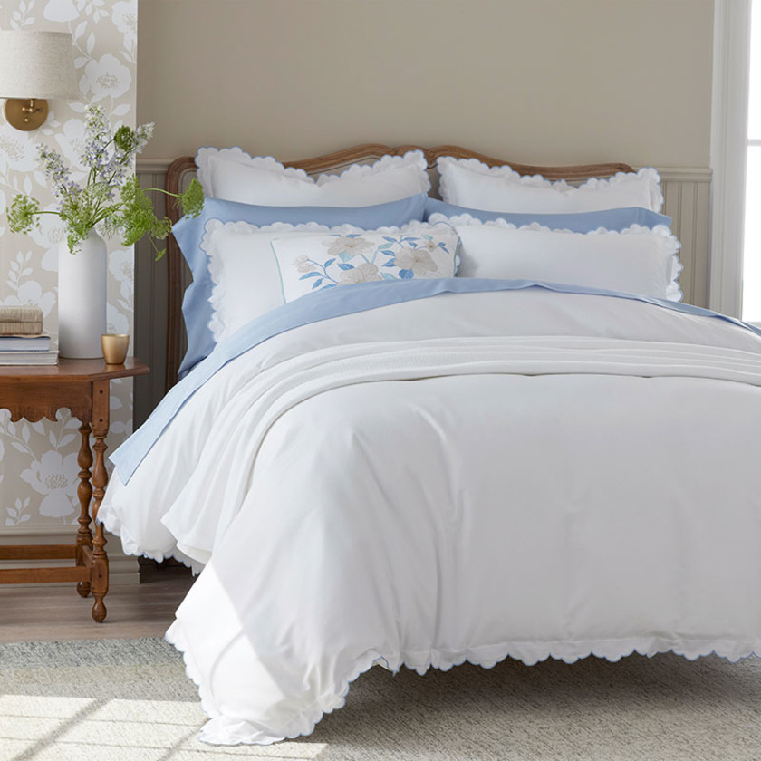 Embroidered Scallop Classic Smooth Sateen Solid Pillowcase Set - Light Blue, King,Light Blue