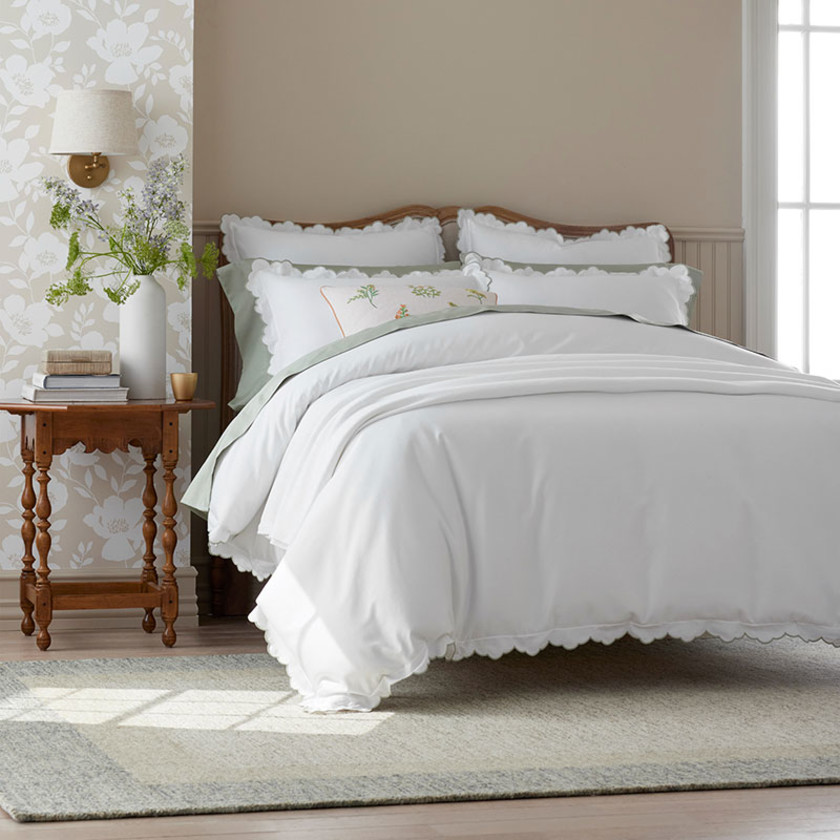 Embroidered Scallop Classic Smooth Sateen Solid Pillowcase Set - Light Sage, Standard,Light Sage