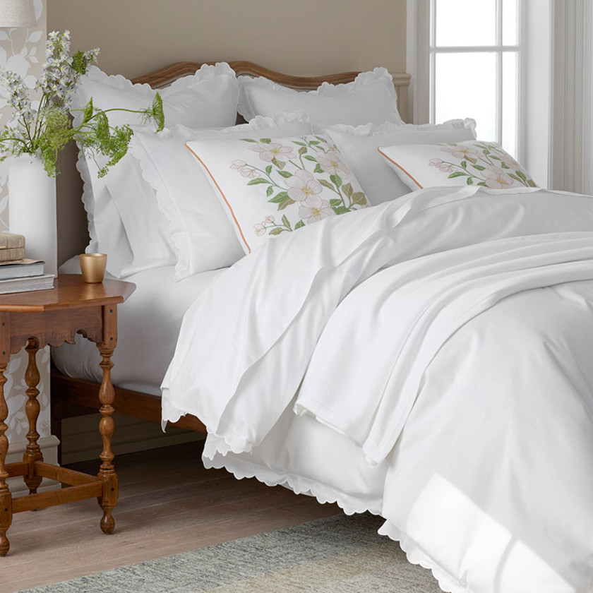 Embroidered Scallop Classic Smooth Sateen Solid Duvet Cover - White, King/Cal King,White