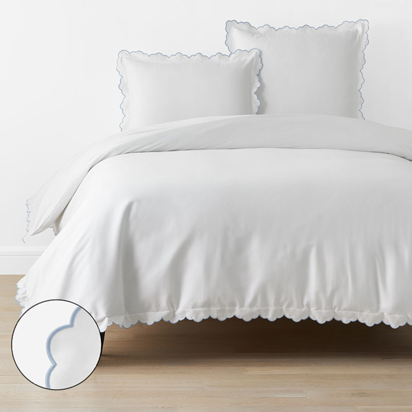 Embroidered Scallop Classic Smooth Sateen Solid Duvet Cover
