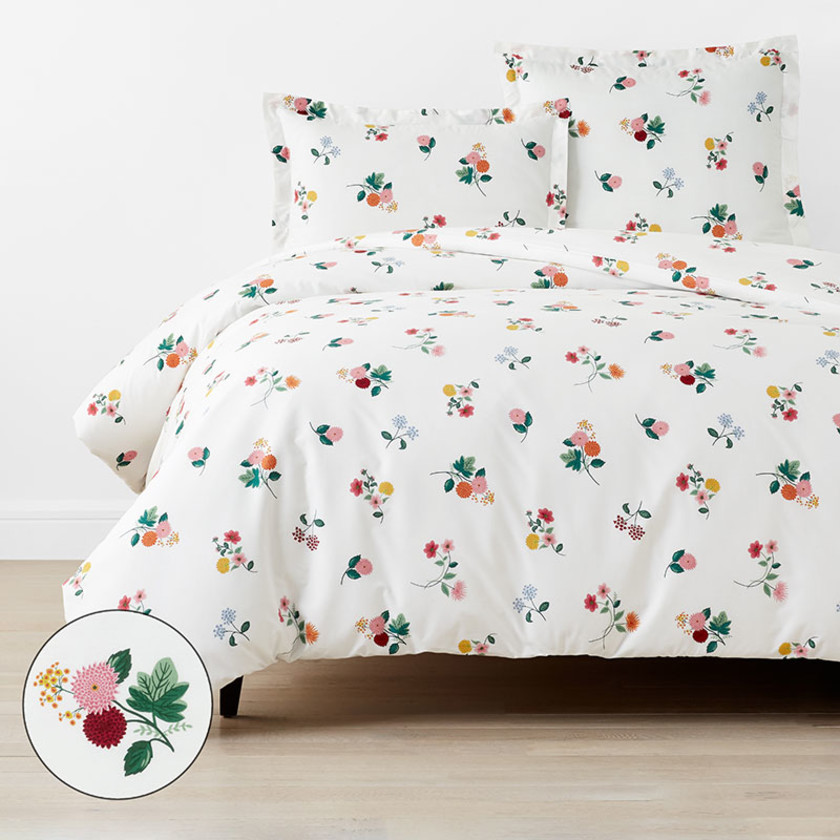 Ditsy Dahlia Classic Cool Cotton Percale Duvet Cover - White Multi, Twin/Twin XL,White Multi