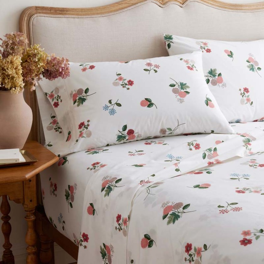 Ditsy Dahlia Classic Cool Cotton Percale Bed Sheet Set - Cream Multi, Twin,Cream Multi
