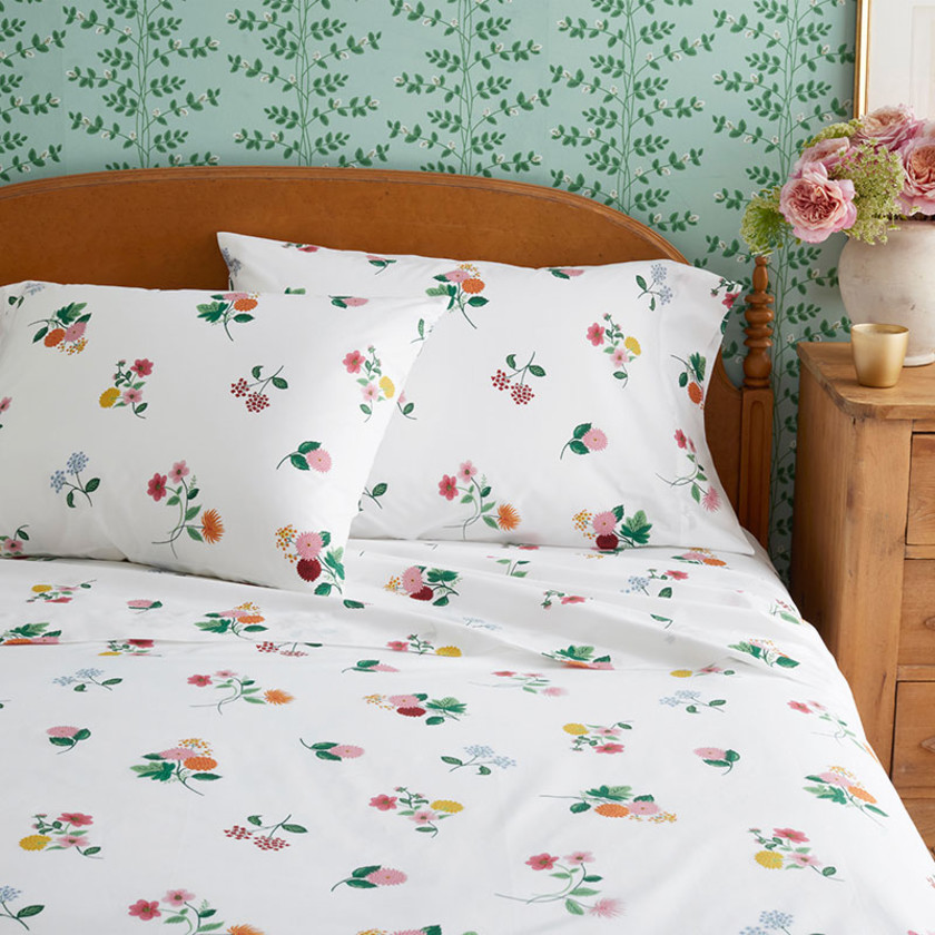 Ditsy Dahlia Classic Cool Cotton Percale Bed Sheet Set - White Multi, Twin,White Multi
