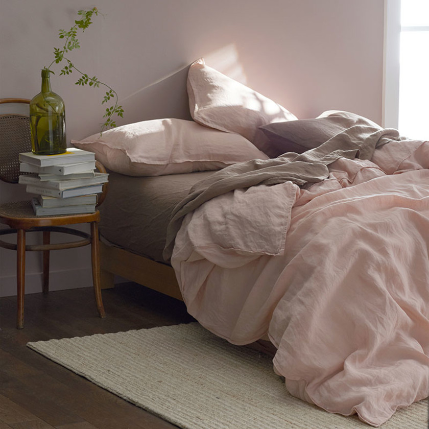 Premium Breathable Washed Linen Solid Bed Sheet Set - Rose Smoke, Twin,Rose Smoke