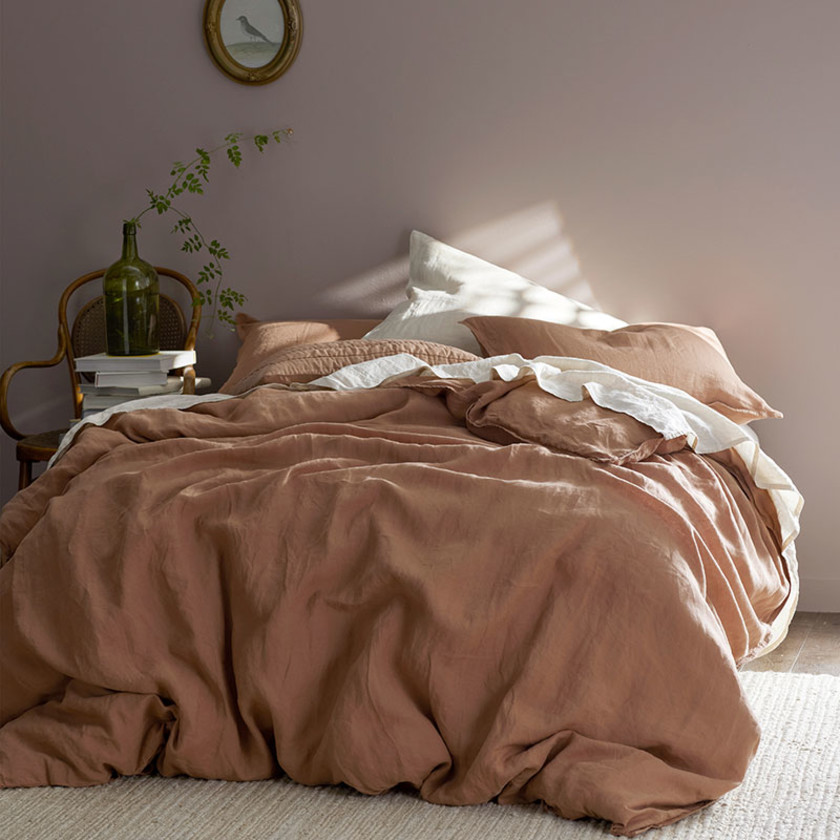 Premium Breathable Washed Linen Solid Bed Sheet Set - Terracotta, Twin,Terracotta