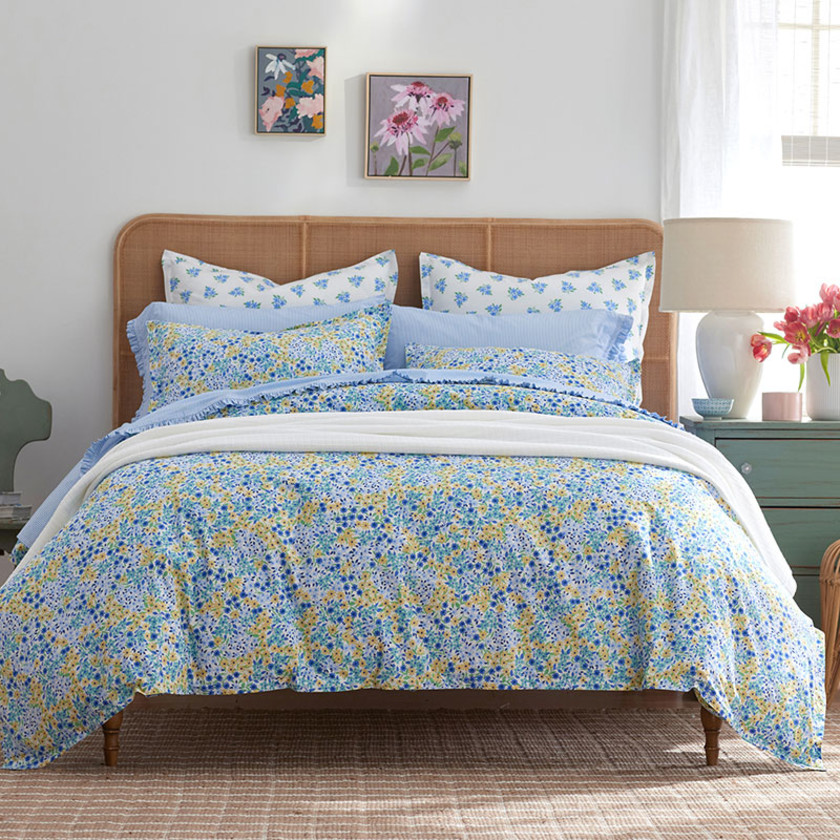 Sunshine & Blooms Classic Cool Cotton Percale Pillowcase Set - Floral Blue, Standard,Floral Blue
