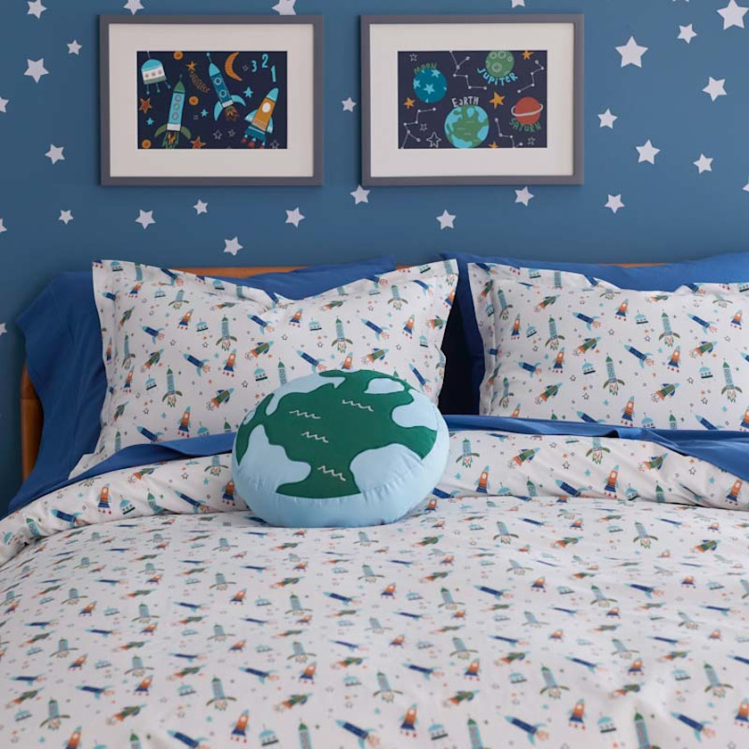 Space Adventure Classic Cool Organic Cotton Percale Duvet Cover Set,White Multi